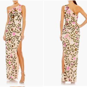 MAC DUGGAL 10903 FLORAL SEQUINED ONE SHOULDER COLUMN NUDE MULTI GOWN sz 10
